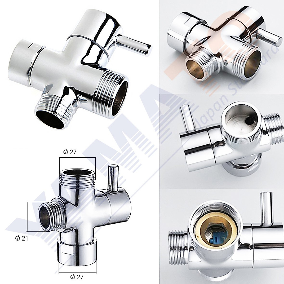 Bộ chuyển đổi vòi hoa sen | Van nối 3 cổng cho vòi hoa sen | Bộ chuyển hướng 3 chiều | chuyển đổi 2 khớp | T chuyển đổi đầu vào 1 đầu ren trong Ø27mm – đầu nước ra 1 đầu ren ngoài Ø27mm và 01 đầu ren ngoài Ø21mm