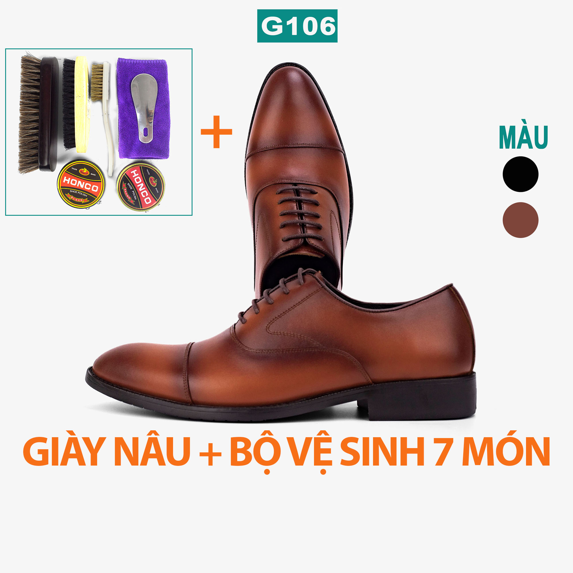 Giày da nam oxford công sở G106, giày nam da bò nappa cao cấp màu nâu có dây buộc, mặt trơn có viền-Bụi leather- hộp sang trọng -BH 12 tháng