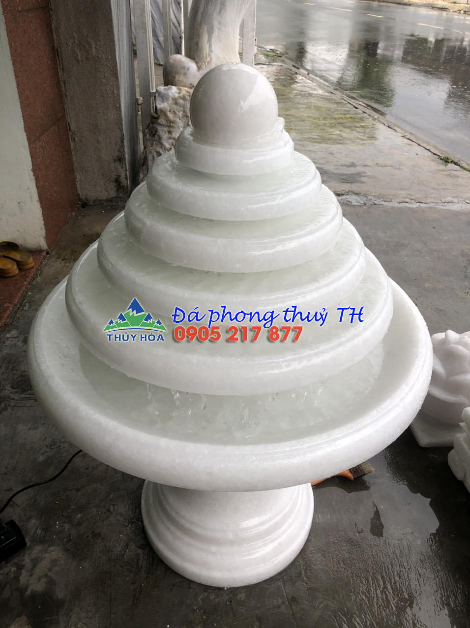 Thác nước phong thủy luân hồi, Đài Phun nước đá cẩm thạch trắng trang trí nhà, sân vườn - Cao 80 cm