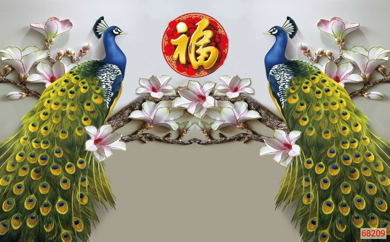 Tranh uyên ương chim công phượng 3D dán tường, trang trí phòng ngủ, phòng khách, phòng làm việc