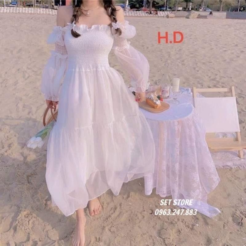 Váy trắng nữ,đầm trễ vai tay voan bánh bèo HD7