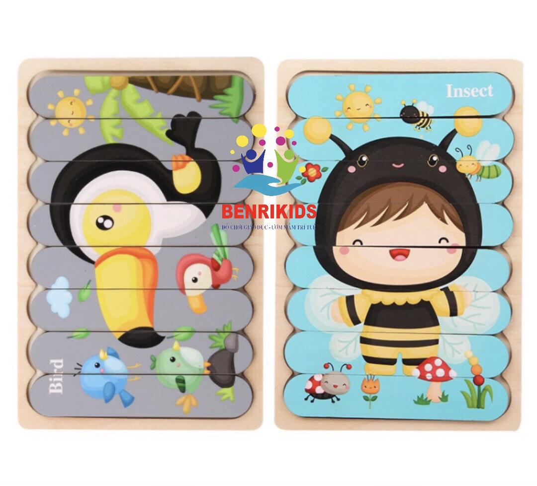 Đồ Chơi Ghép Hình Puzzle Kem Gỗ 2 Mặt Nhiều Chủ Đề Cho Bé Trai Và Bé Gái Phát Triển Tính Sáng Tạo, Đồ Chơi Xếp Hình Có Chức Năng Dựng Domino, Đồ Chơi Giáo Dục Trẻ Em Benrikids