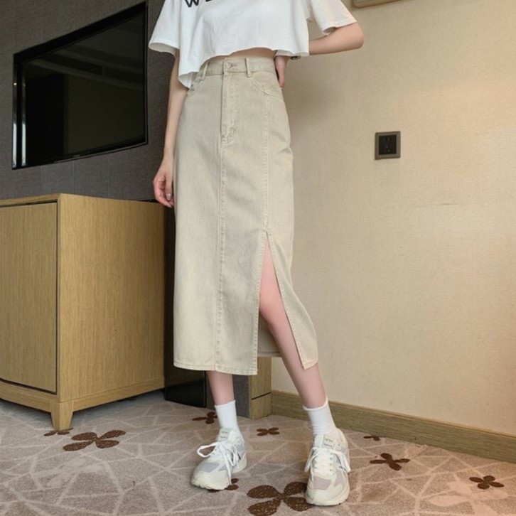 Chân váy jeans dài cạp cao xẻ gấu phong cách ulzzang