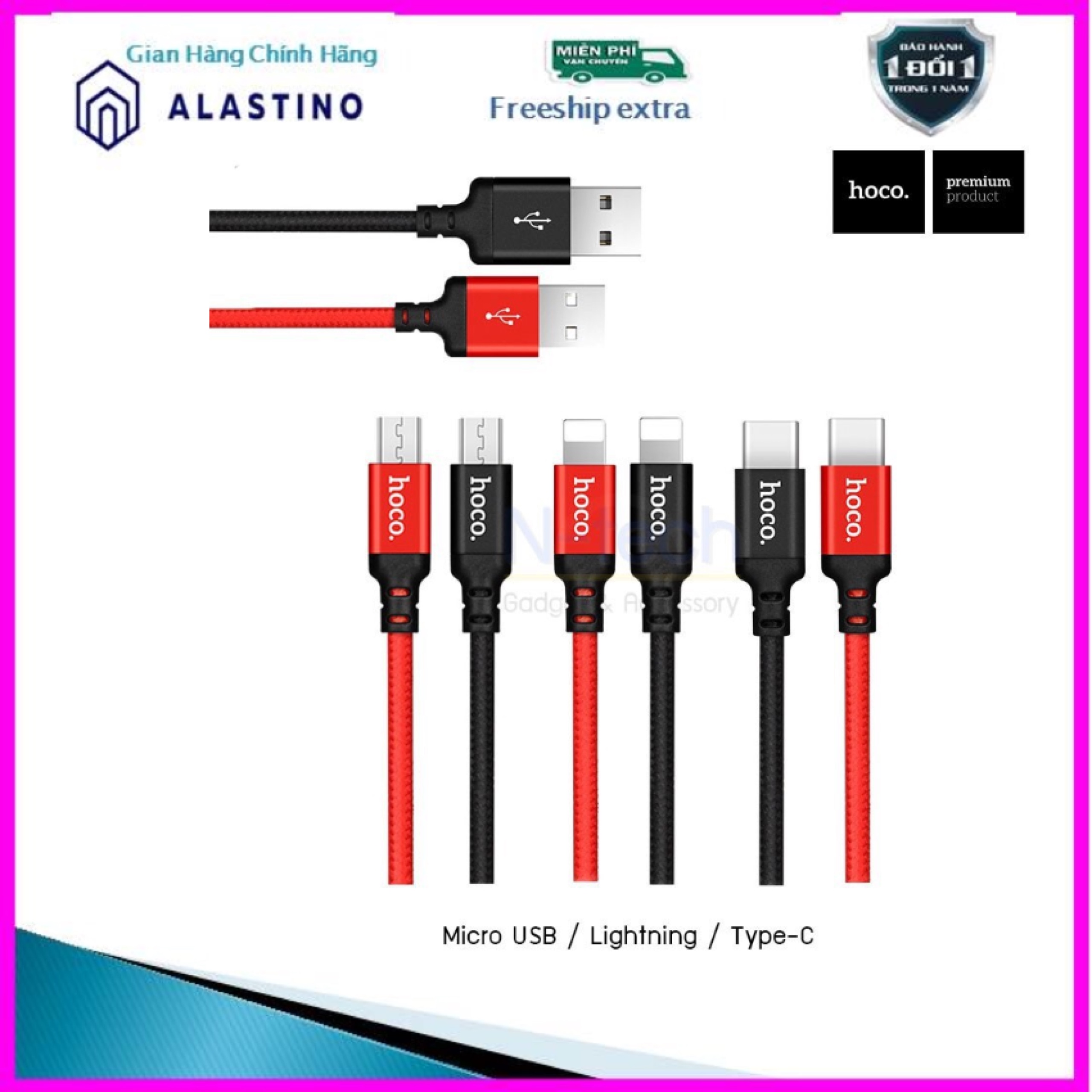 Dây sạc iphone,dây Cáp sạc iphone, dây dù Hoco x14 1m và 2m - lightning cho iphone ipad ALASTINO