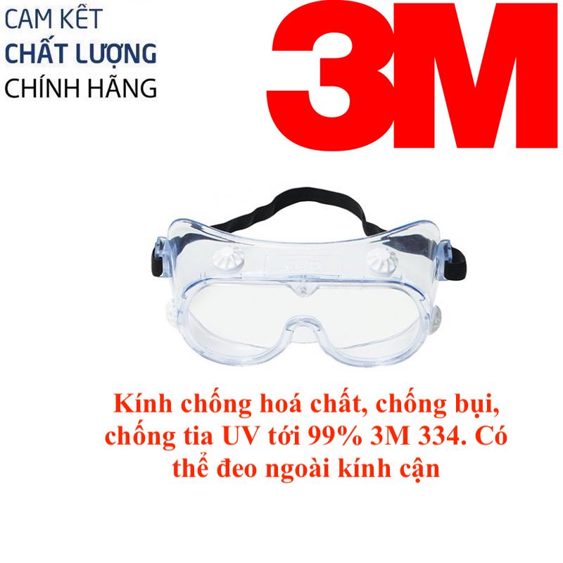 Kính chống hóa chất 3M Safety Splash Goggle 334, chống bụi, chống giọt bắn, chống khói bụi, chống tia UV đến 99.9%, chất liệu nhựa an toàn cao cấp chính hãng