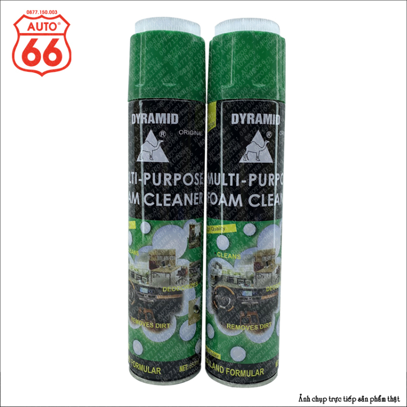 Xịt bọt đa năng Dyramid vệ sinh nội thất ô tô - đồ da - đồ nhựa, Foam Cleaner chai màu xanh hương bạc hà thơm mát, dung tích 650ml, có nắp bàn chải tiện lợi.