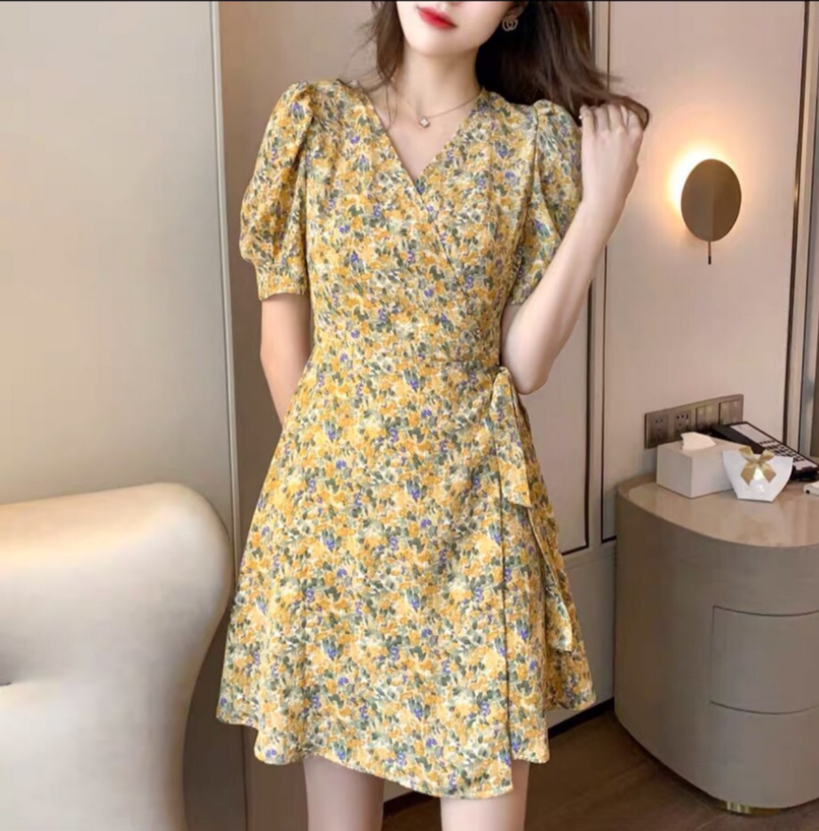 [HCM]Đầm cổ V tay ngắn cột nơ eo cực xinh