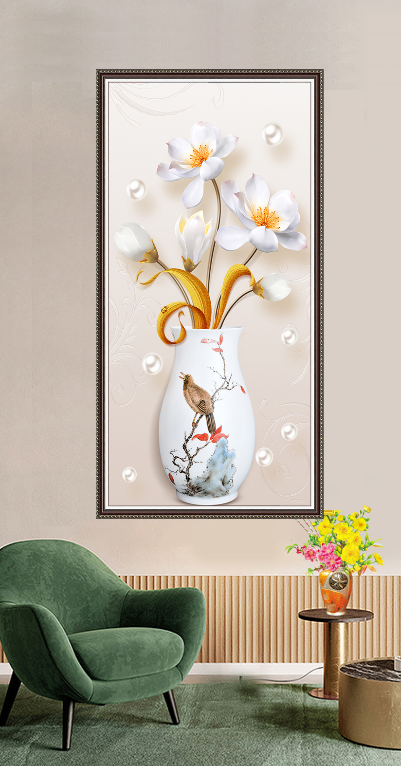 Tranh 3D dán tường bình hoa sen có keo sẵn