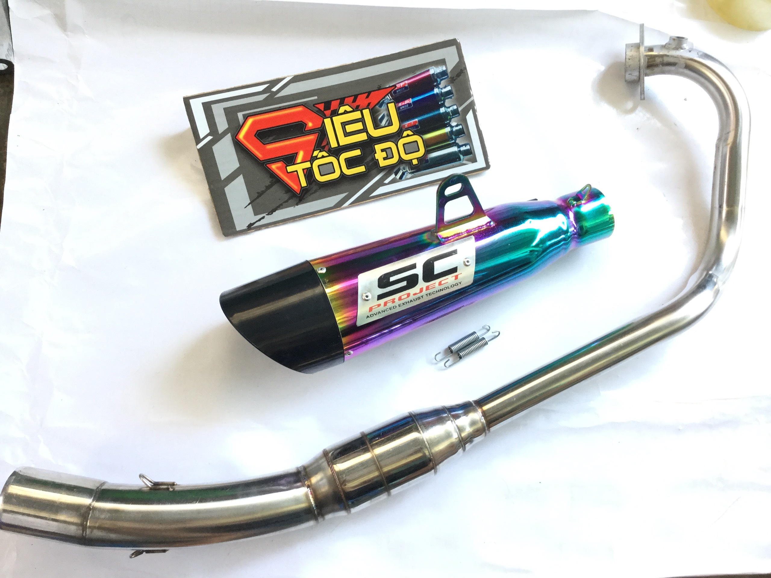 Combo pô sc xéo 7 màu bao gồm cả cổ pô độ bầu hơi inox cho xe raider fi, satria, gsx,....