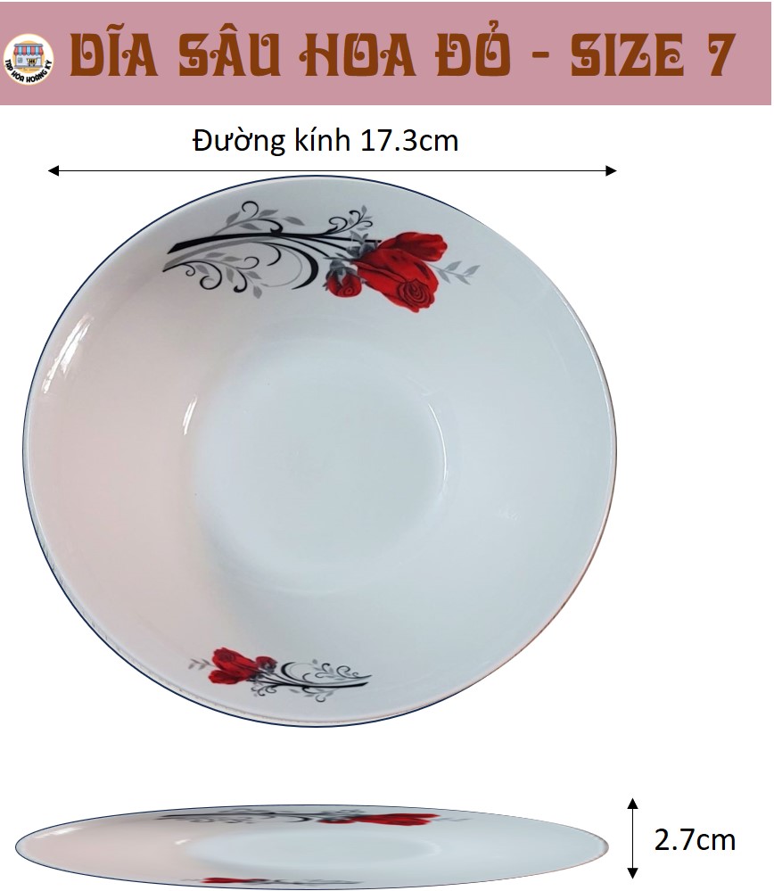 Dĩa tròn sâu gốm sứ họa tiết Hoa đỏ