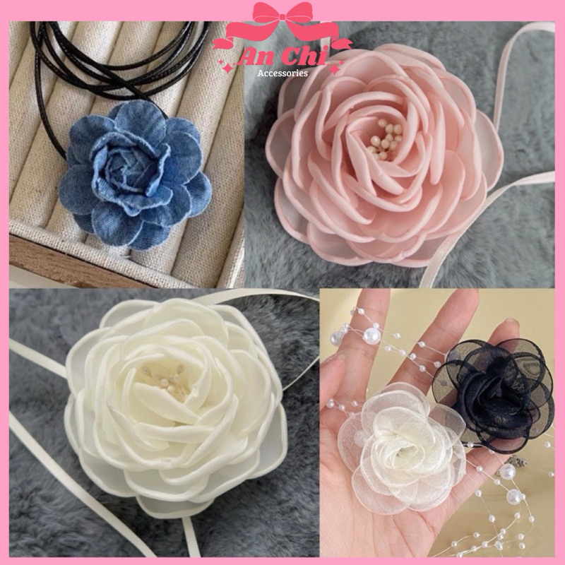 Vòng cổ choker hoa hồng voan