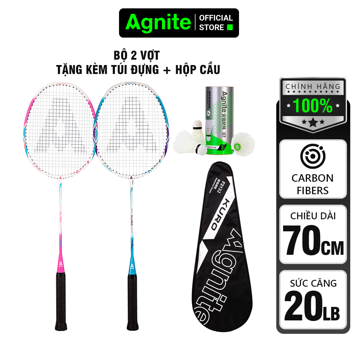 Bộ 2 chiếc vợt cầu lông Agnite chính hãng tặng kèm 3 quả cầu và bao đựng