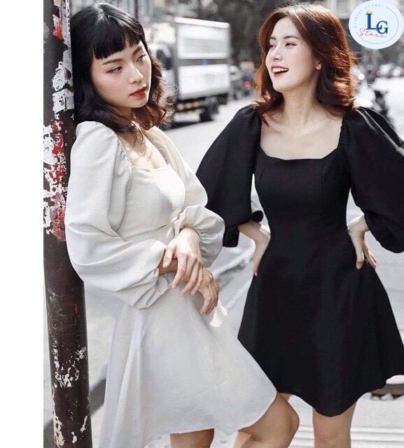Đầm xòe tay phồng cổ vuông dễ thương