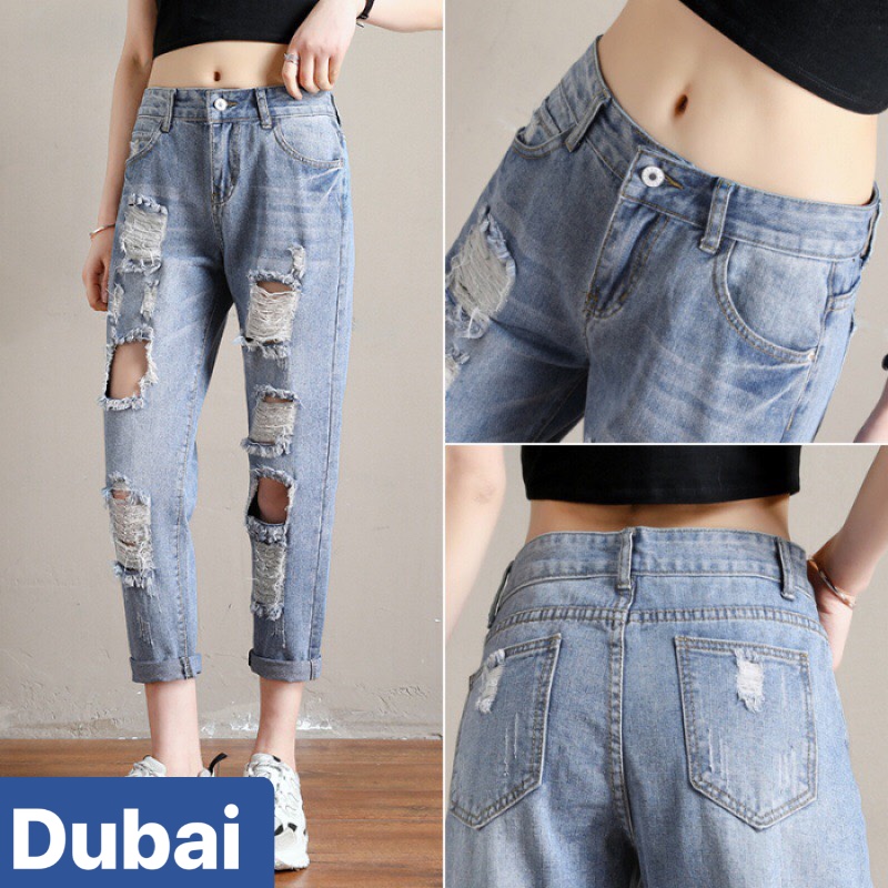 QUẦN BAGGY JEAN NỮ CHẤT BÒ XANH RÁCH LƯNG CAO NÂNG MÔNG HÀN QUỐC DB-3081  CAO CẤP - DUBAI FASHION