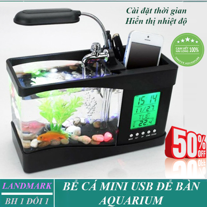 Bể cá, bể cá mini để bàn, bể cá usb AQUARIUM, giúp không gian sang trọng hơn, có đèn LED, tích hợp đồng hồ báo thức, lịch, nhiệt độ.