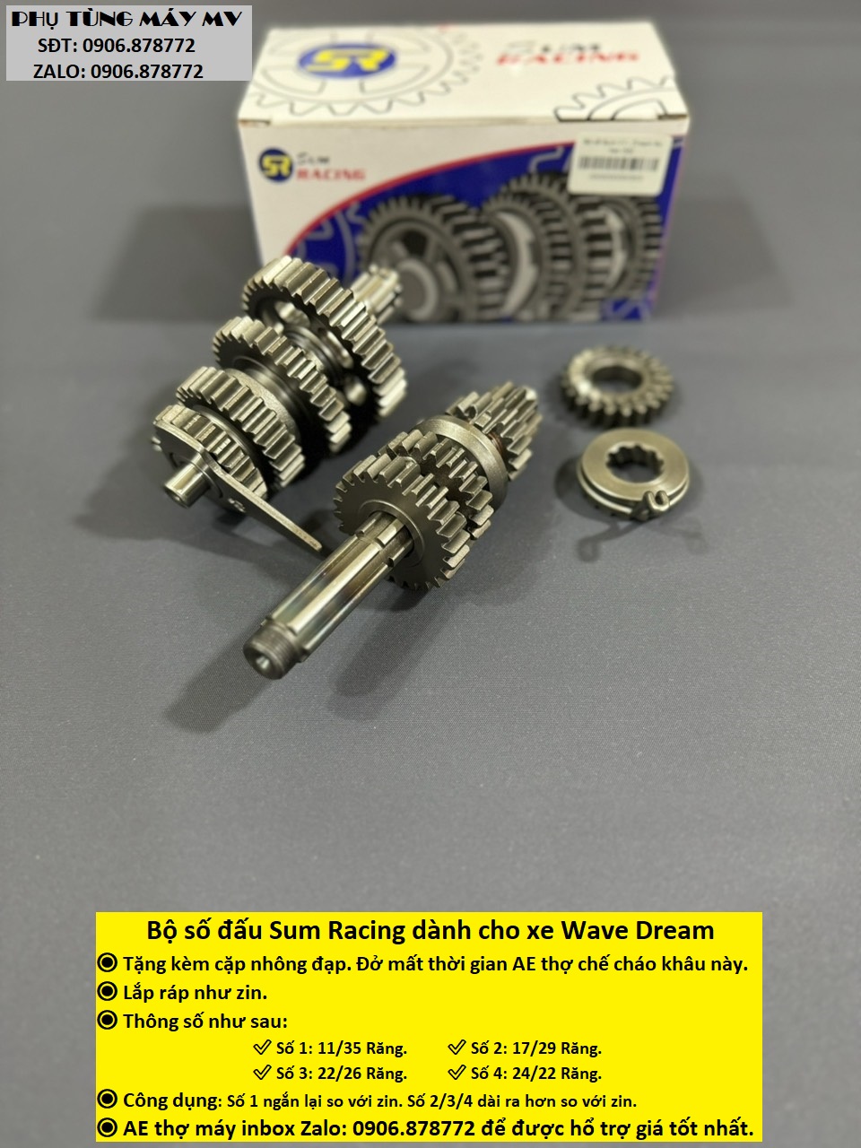 Bộ số đấu Sum Racing dành cho xe Dream Wave 100. Tặng kèm cặp nhông đạp