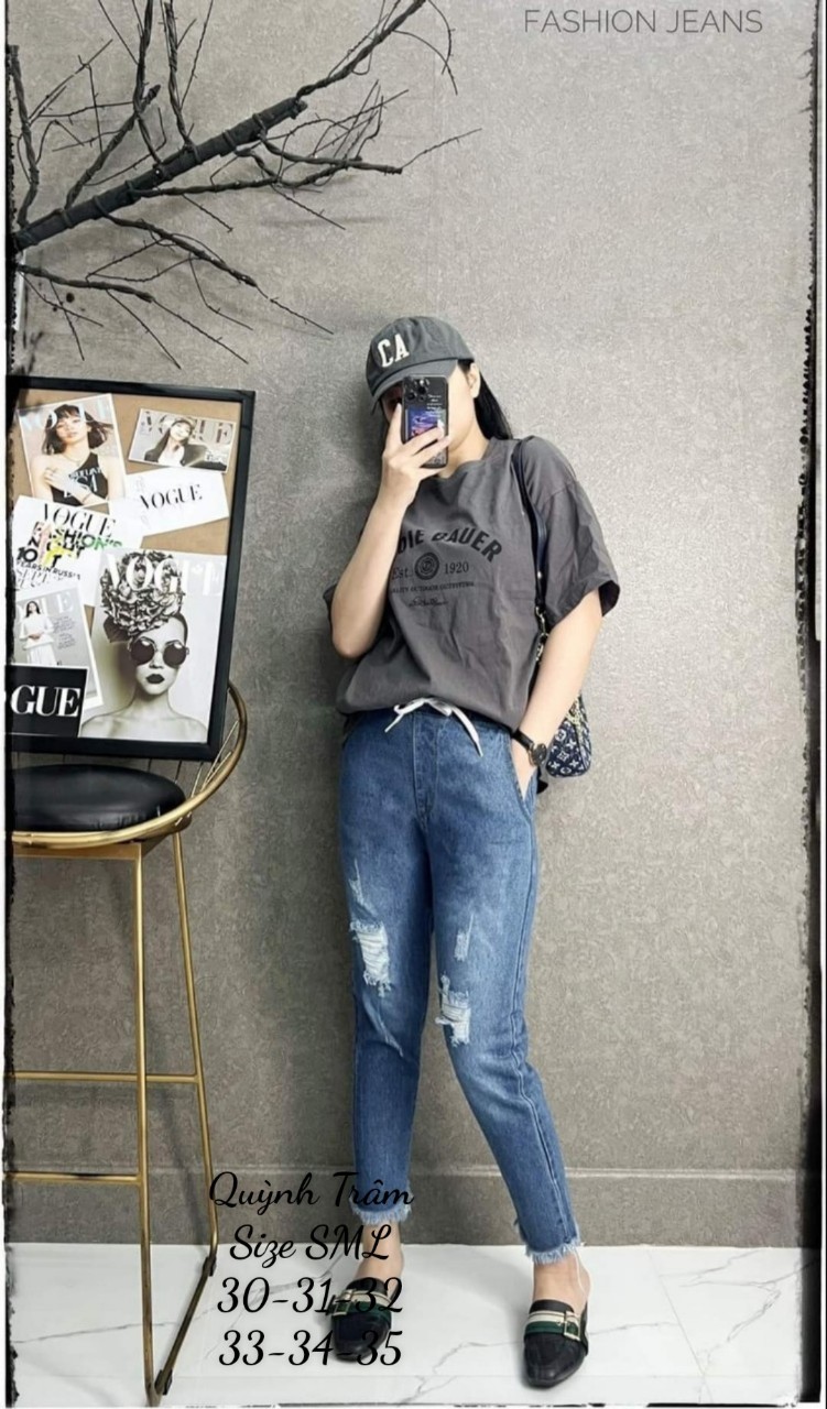 Jeans baggy silhouette women miss pattern torn elasticized back designs suông hybrid tassel