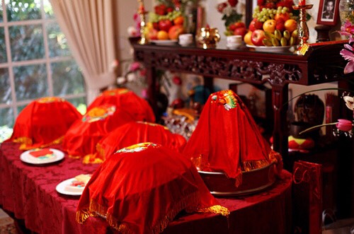 Khăn nhung hỏi cưới phủ mâm quả trang trí hỏi cưới