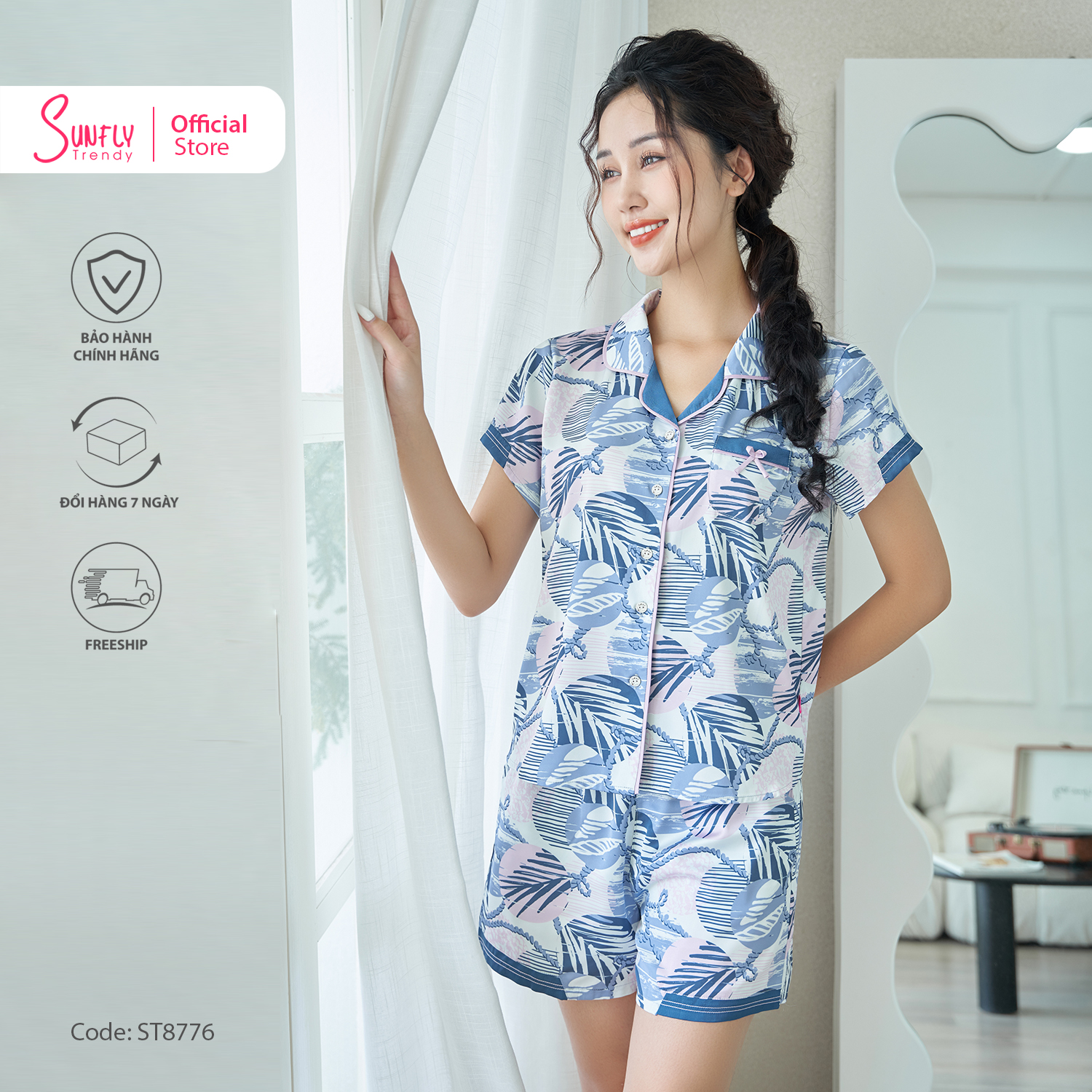 [VOUCHER ĐỘC QUYỀN 15.1 - GIẢM 15% TỐI ĐA 100K]Bộ Đồ Mặc Nhà Nữ Pyjamas Lụa SUNFLY Áo Cộc Quần Sooc ST8776