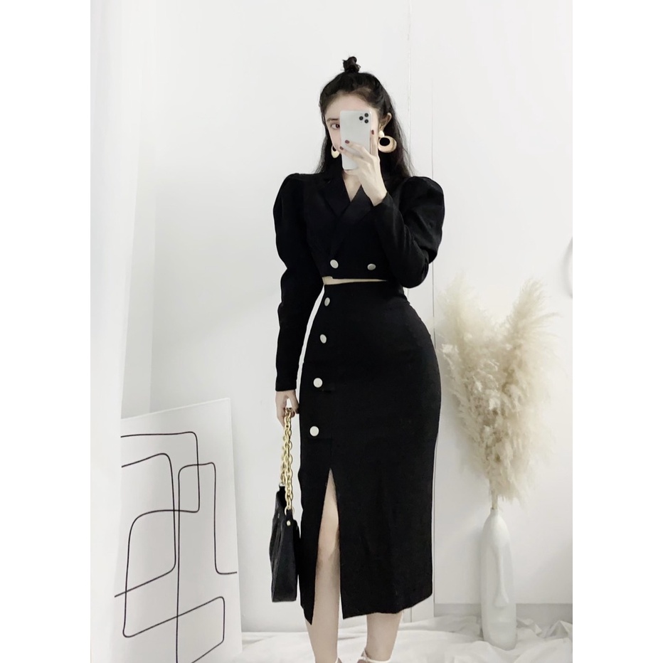 Set váy+ áo crotop cổ vest 2177