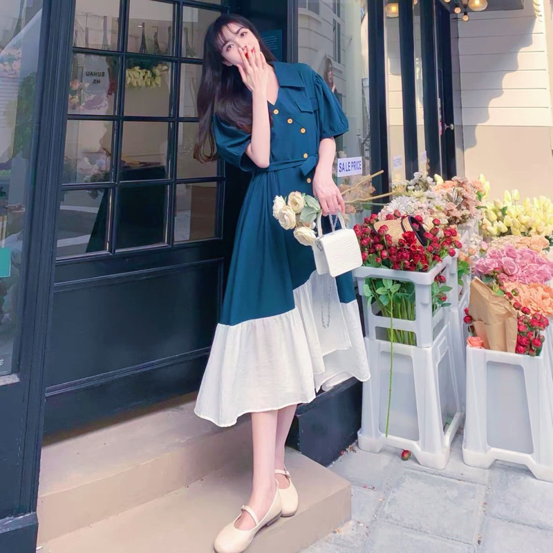 ĐẦM SƠ MI XANH TÚI HỘP, PHỐI TRẮNG (có ảnh thật)  MS168
