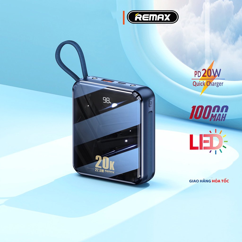 Sạc dự phòng 20000mah chính hãng Remax RPP 51 sạc nhanh 20w và tích hợp dây sạc iP và Type C.,thiết kế nhỏ gọn,sang trọng,sạc pin cực nhanh,tích hợp 2 đèn led BH 12 tháng