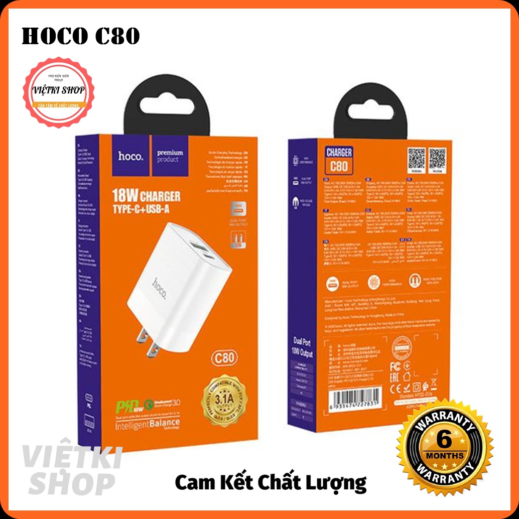 Bộ Củ Sạc Hoco C80 Type C - Hỗ trợ sạc nhanh QC3.0