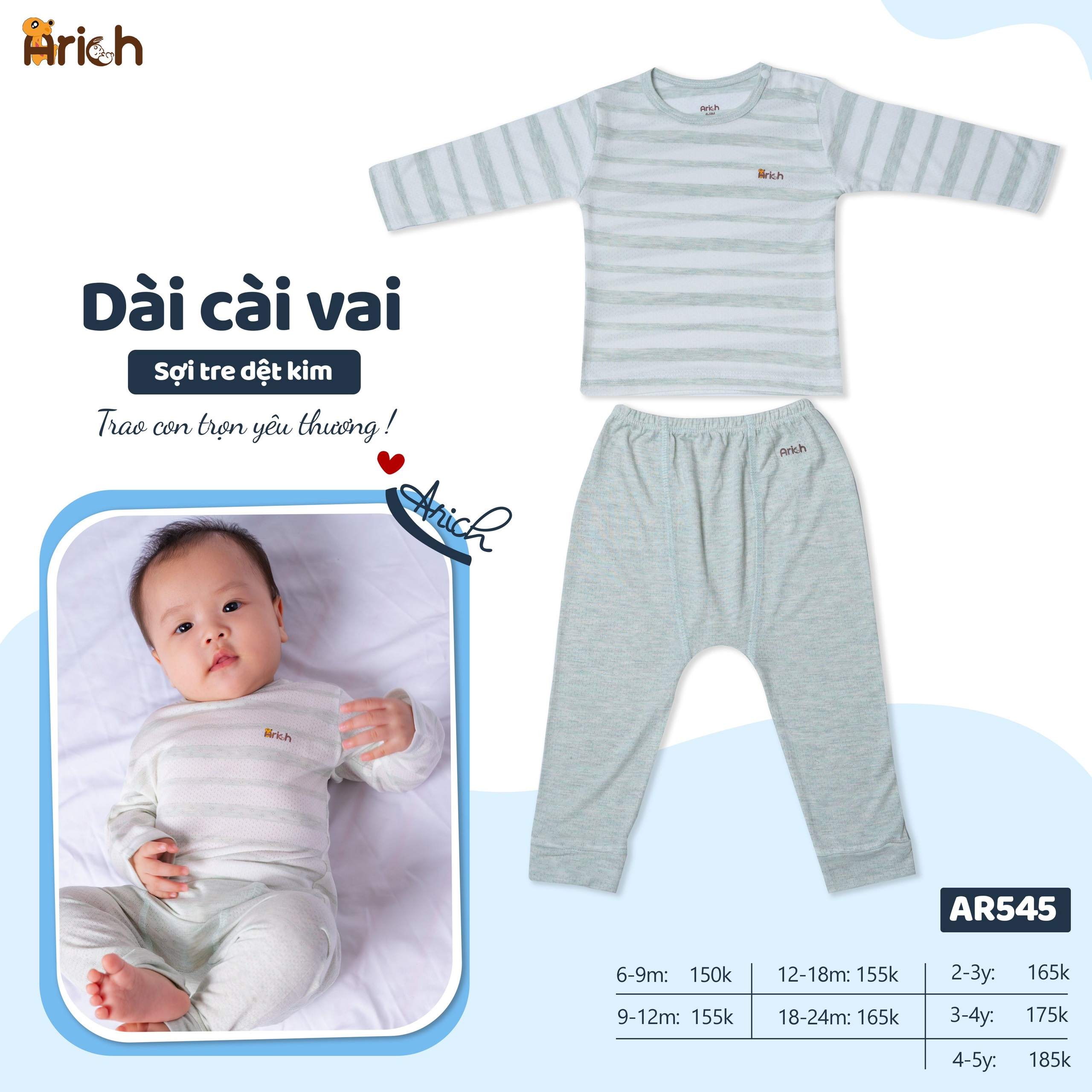 Bộ tay dài cài vai dệt kim vải sợi tre Arich