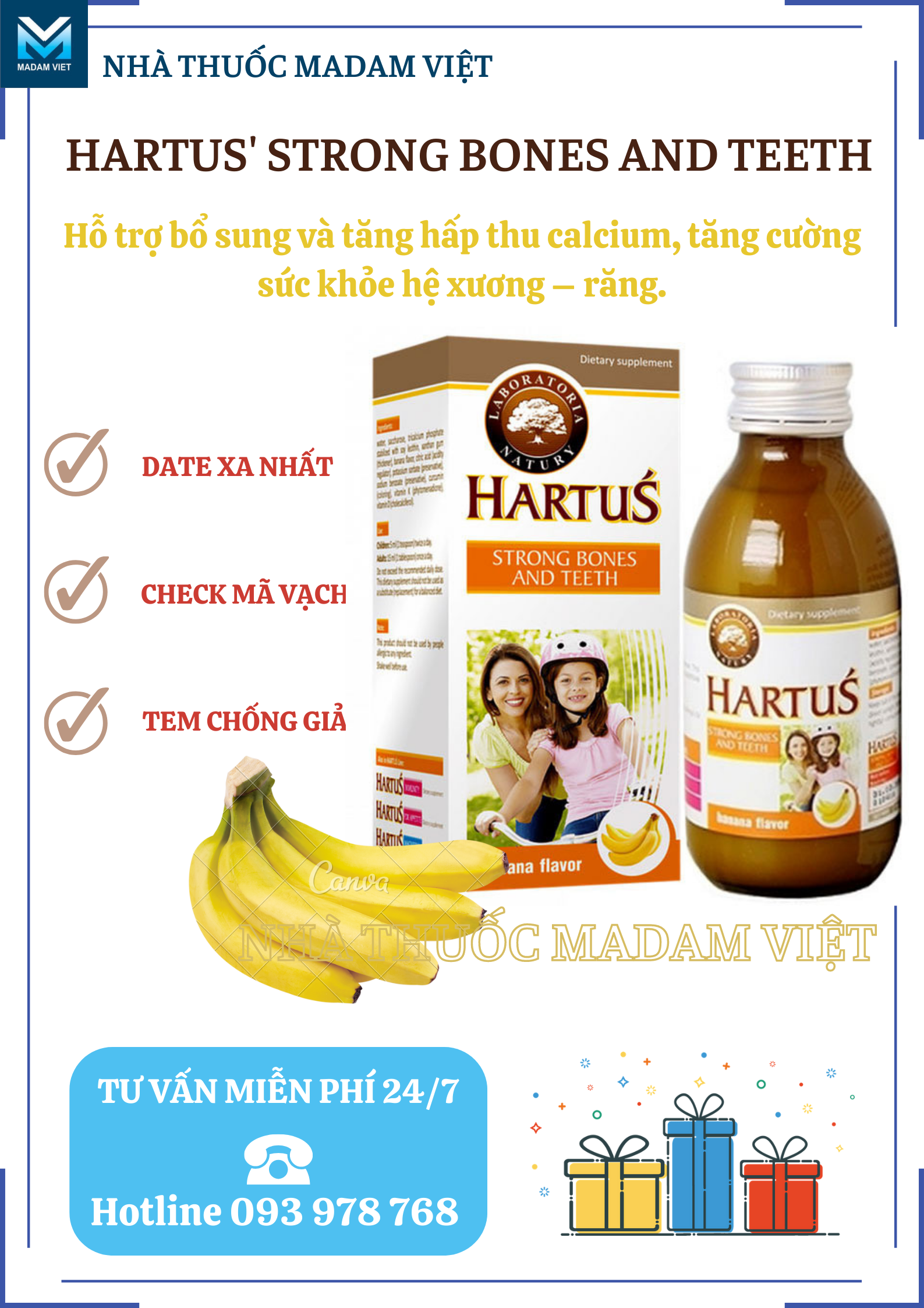 Siro HARTUS Strong Bones and Teeth Vị Chuối (150ml)