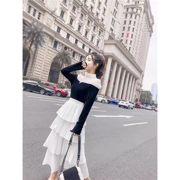 Chân váy VOAN lụa xếp ly 4 tầng phong cách Hàn Quốc