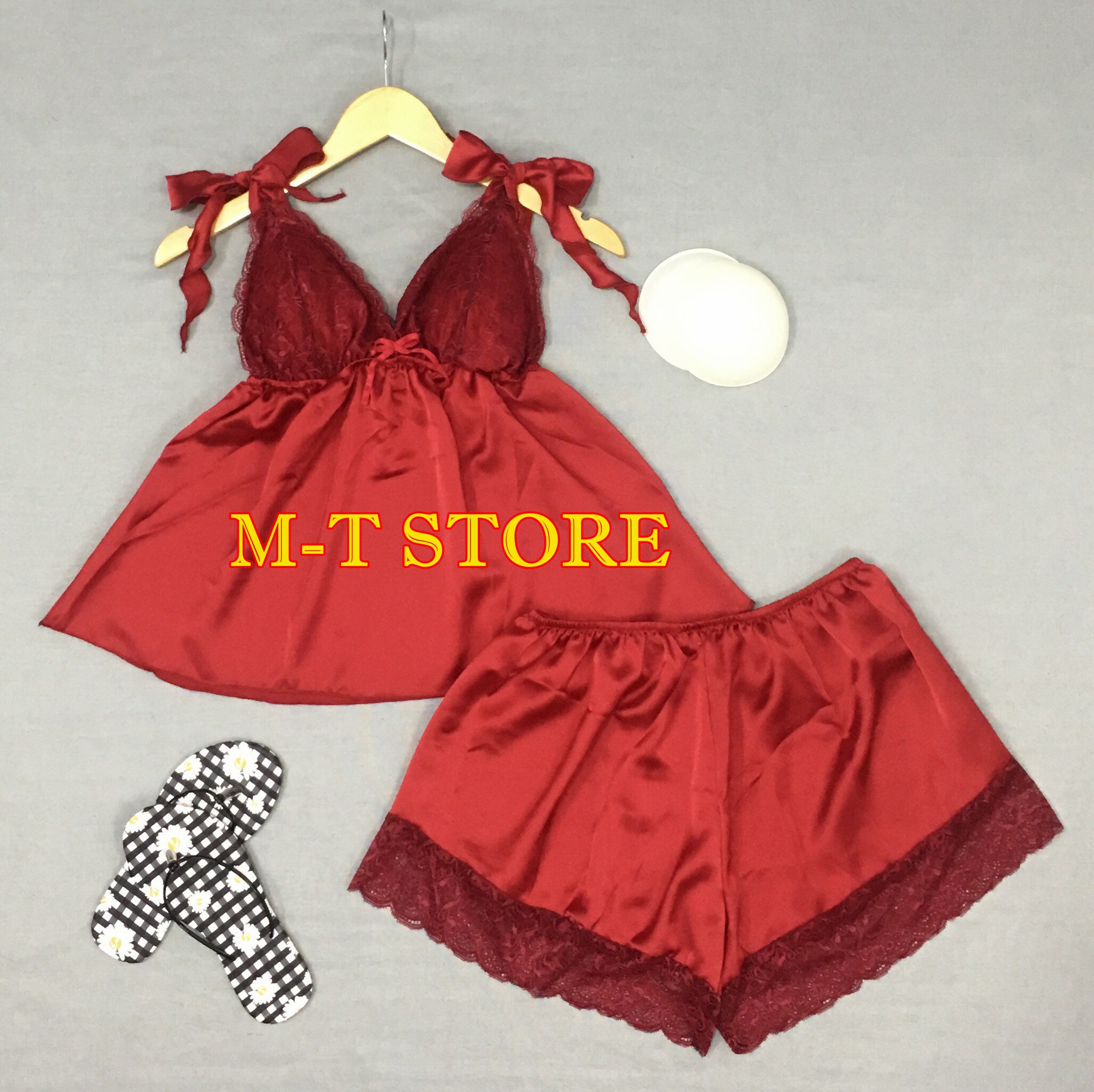 BỘ MẶC NHÀ MẶC NGỦ SATIN 2 DÂY CỘT NƠ CÓ MÚT