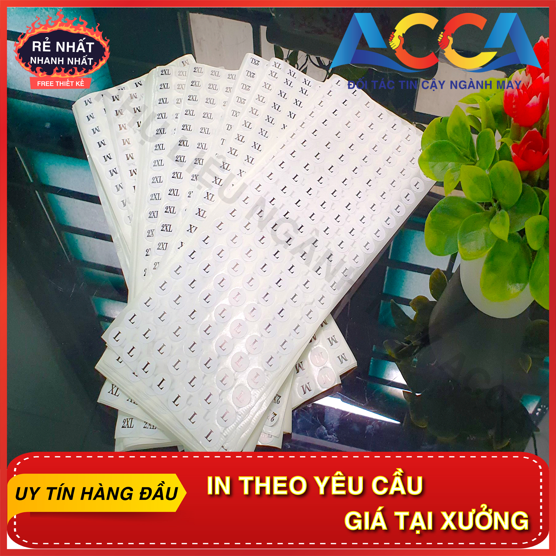 280 miếng tem decan dán size ,quần áo ,giấy dép nhãn mác acca ,decan bám dính chắc chắn ,mực in sắc nét size S,M,L,XL,XXL,3XL,XS