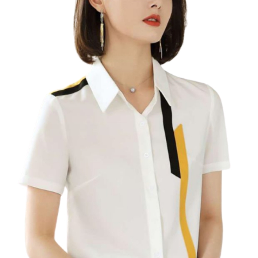 Áo sơ mi nữ ngắn tay viền 1 bên vai PONIVA BRANCH vải kate mềm mịn