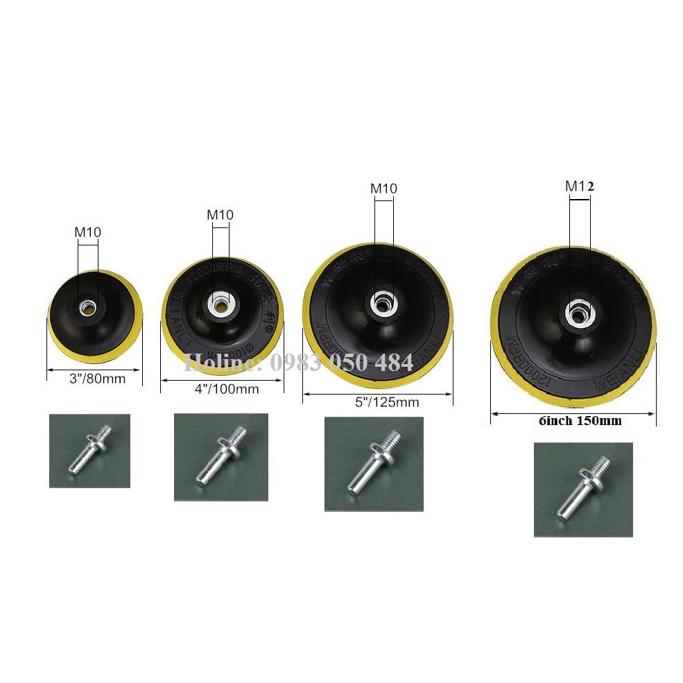 Đế gắn phớt đánh bóng loại 3in 4in 5in 6in 100mm trục 10,14mm