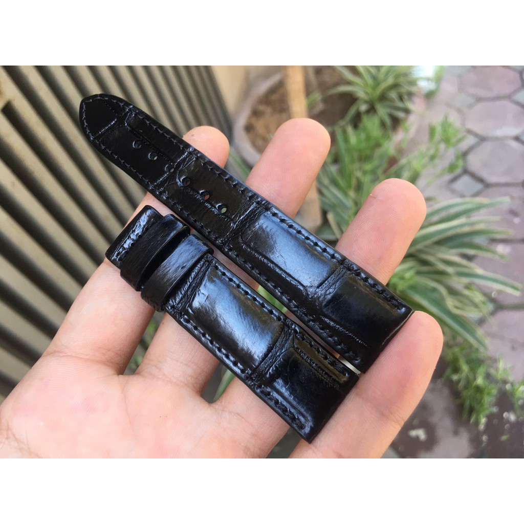 Dây Đồng Hồ Da Cá Sấu Nam Màu Đen Cao Cấp Vân Đốt Tre (Trong lót da bò)
