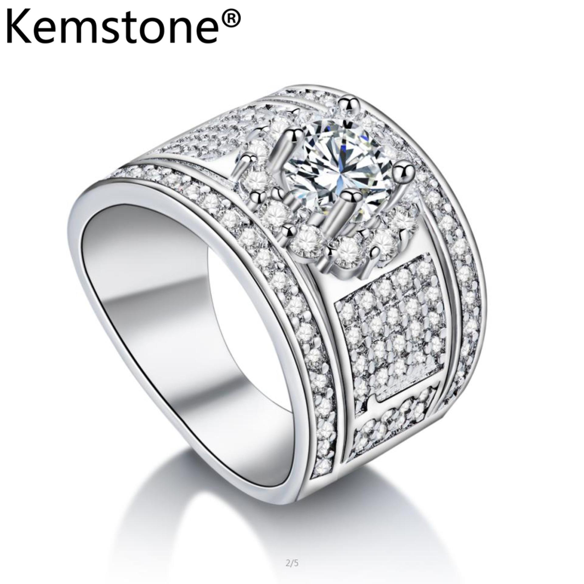 Kemstone Nhẫn Nam Bản To Nạm Bạch Kim Và Đá Sáng Sang Trọng