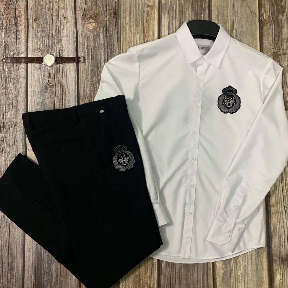 Áo sơ mi nam Thêu Logo dài tay Hàn Quốc dáng ôm sơ mi nam trắng cổ bẻ vải lụa thái chống nhăn chống xù