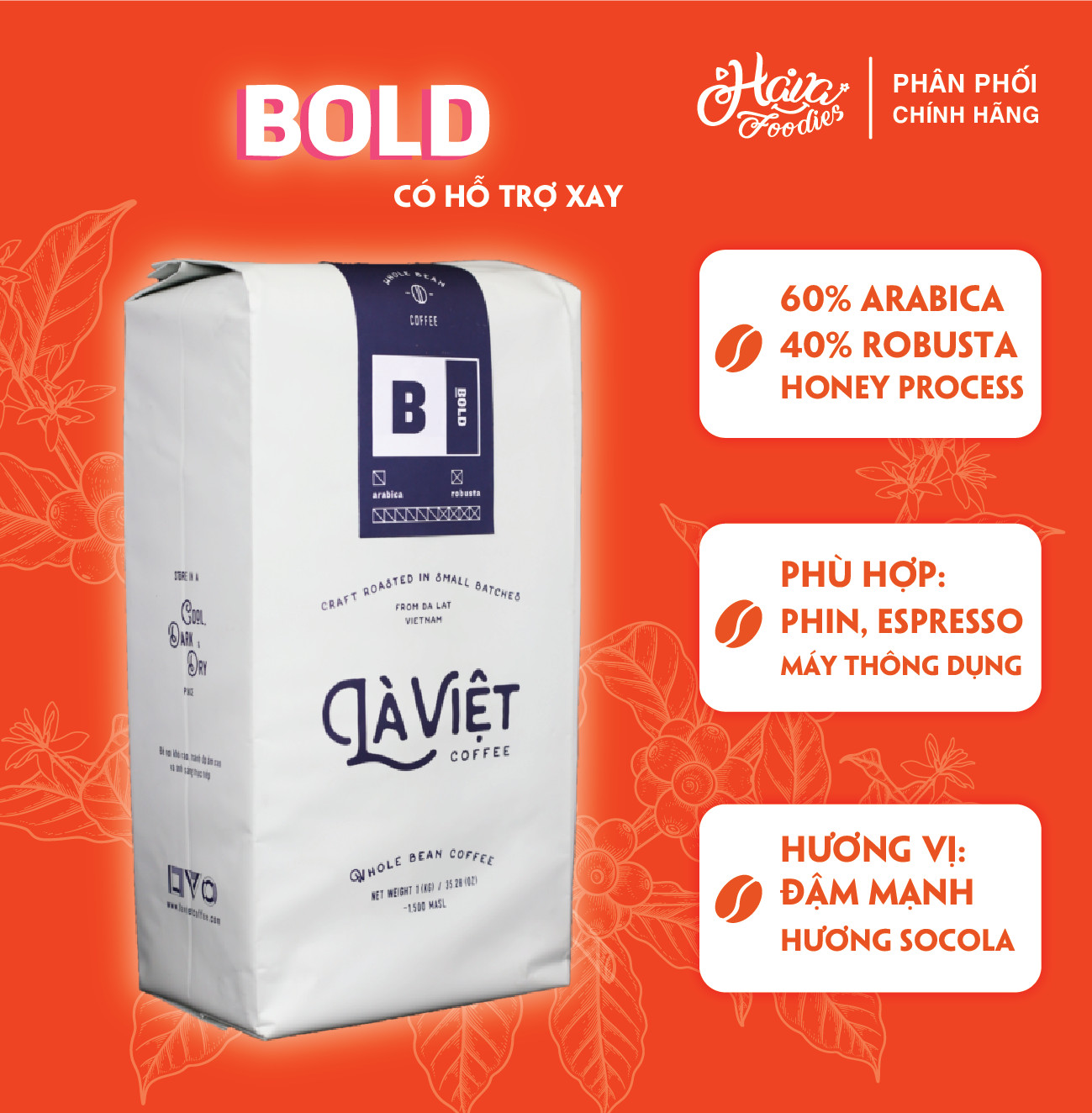 Cà phê nguyên hạt LÀ VIỆT BOLD - Arabica & Robusta 1000g