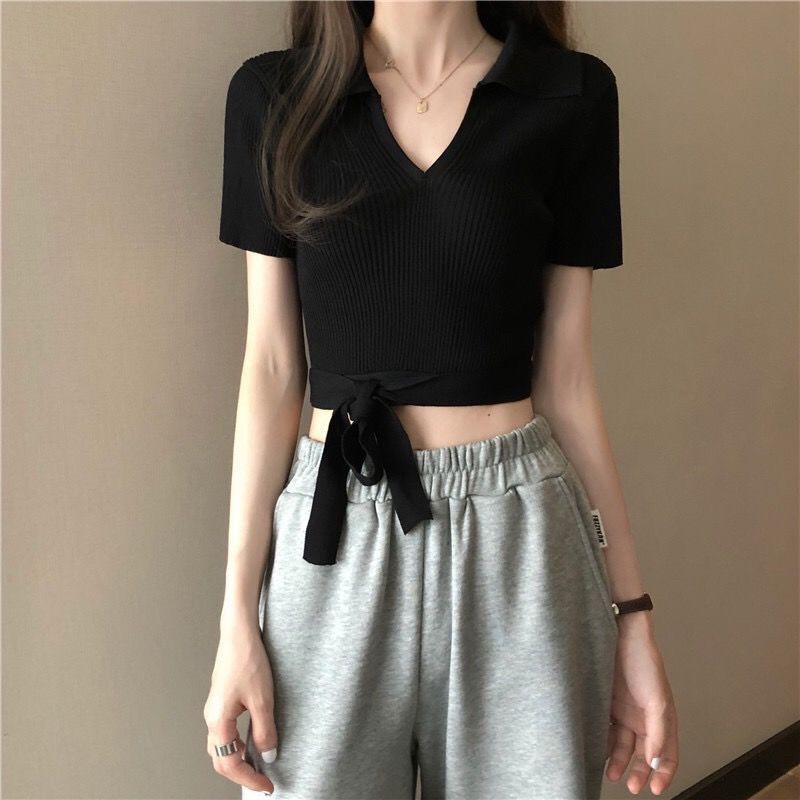 Áo croptop thun gân cổ bẻ ngắn tay phối cột dây sau lưng ttvv0452