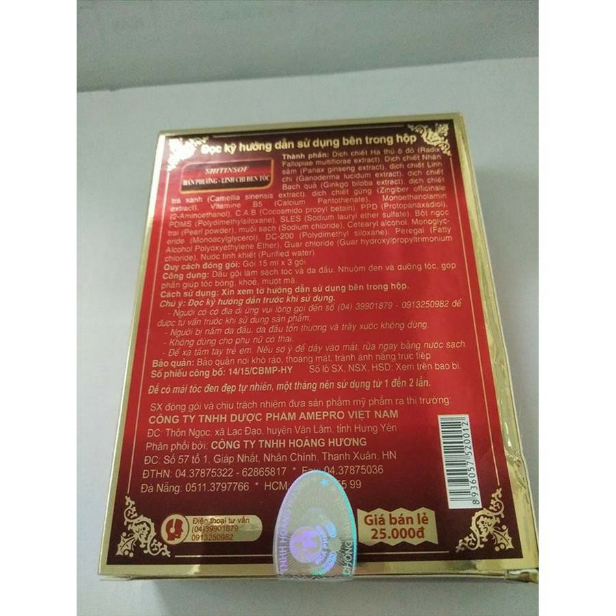 Dầu Gội Đen Tóc Nhuộm Tóc Shitinsof Hán Phương Linh Chi Danh Nhân Đường (Hộp 3 Gói X 15ML)