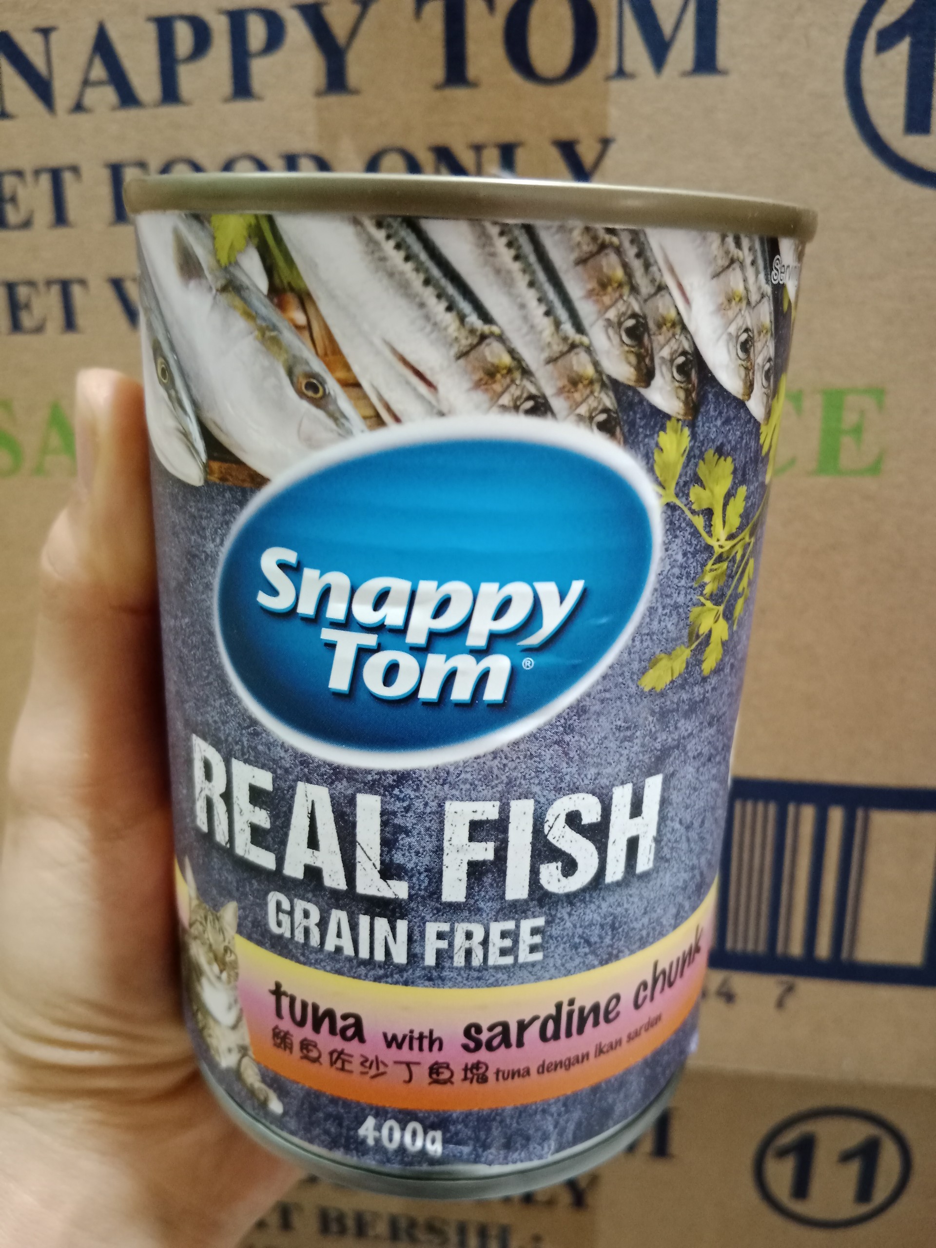 Pate lon cho mèo SNAPPY TOM REAL MEAT/ REAL FISH 400g