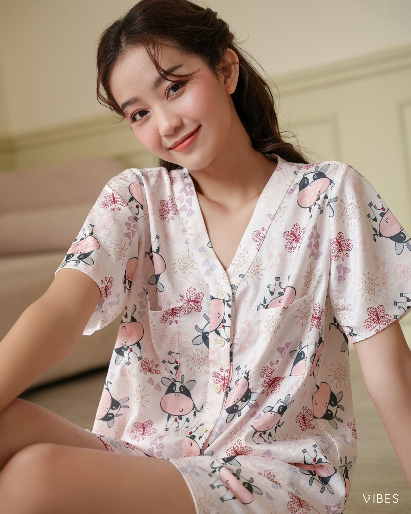 VIBES Pijama lửng Lụa gấm Little Cow Py Set