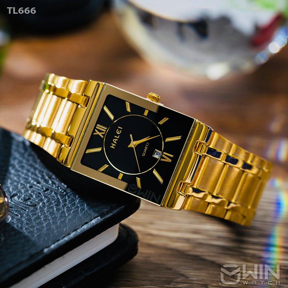 Đồng hồ Halei nam HL3 Mặt đen dây thép vàng đặc cao cấp mặt kính vuông đẳng cấp doanh nhân