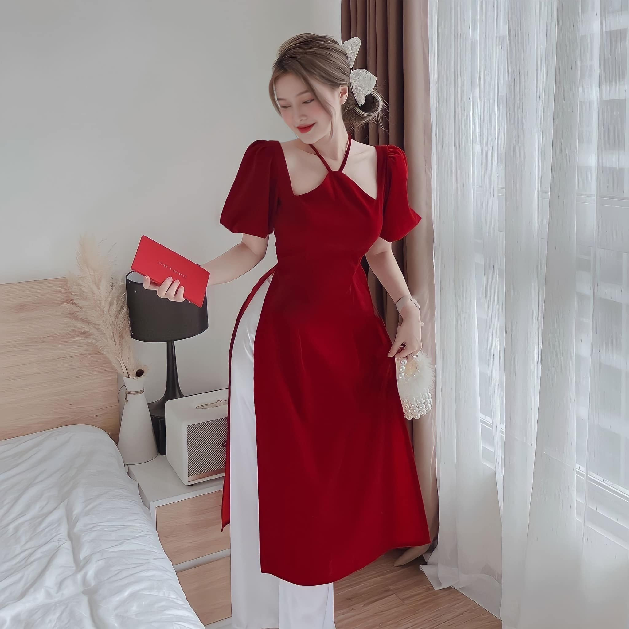 Áo dài cách tân , Áo dài Tết mẫu mới chất lụa mịn mát