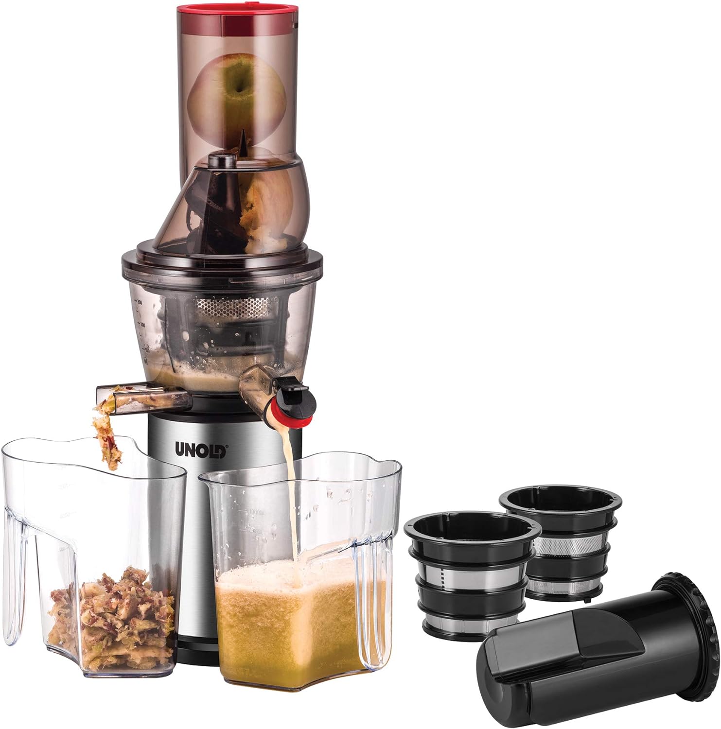 Unold 78265 Slow JUICER 3 in 1, large filling opening, 60 rpm, 3 sieves, automatic separation of pulp and juice, BPA-free
