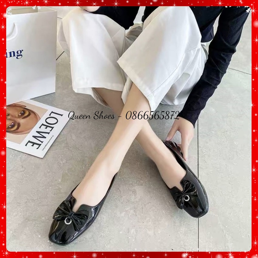 Giày bệt búp bê nữ đế bằng da bóng đính nơ mũi vuông đế cao su đúc siêu mềm hàng Quảng Châu cao cấp