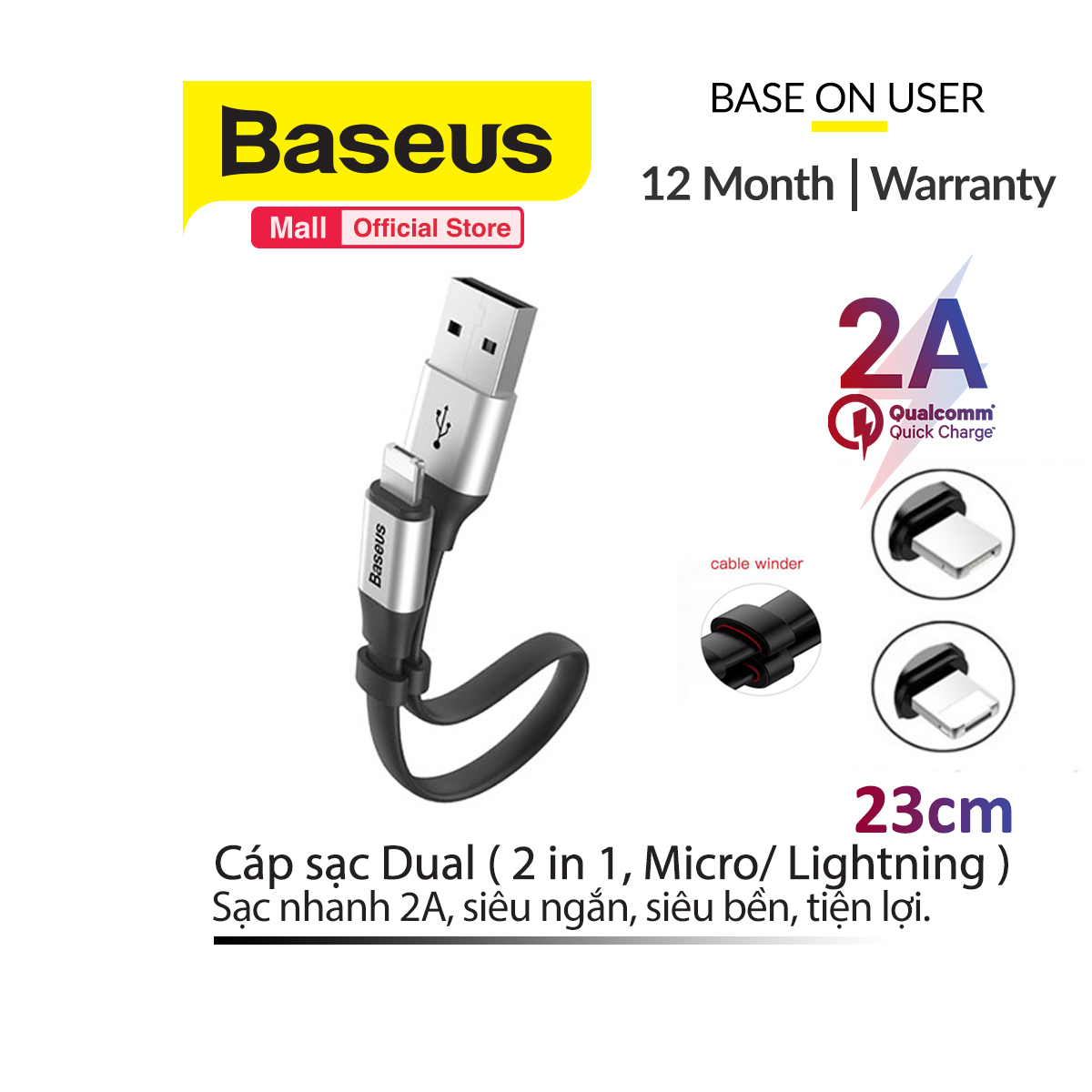 [ Mã giảm giá 60k cho đơn hàng từ 400k ] Baseus Cáp sạc và truyền dữ liệu tốc độ cao Baseus Nimble 2in1 chân Lightning & Micro USB dài 23cmsạc siêu nhanh