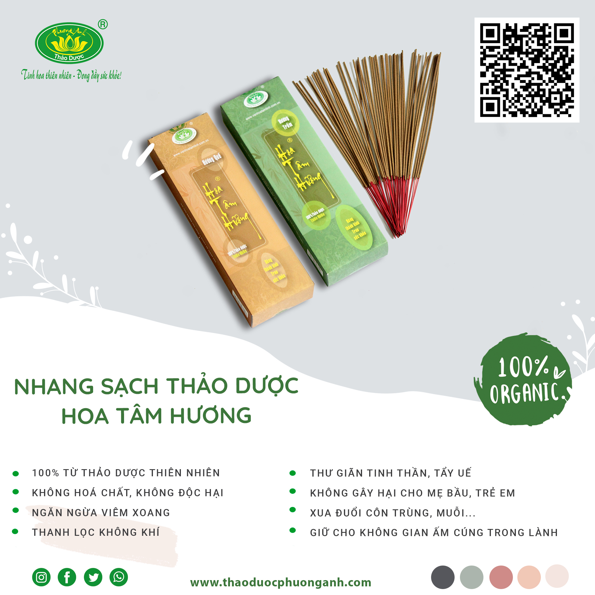 Nhang sạch thảo dược Hoa Tâm Hương 3 tấc 150/300 cây hương Trầm Bắc/Quế thời gian cháy 75 phút Thảo Dược Phương Anh