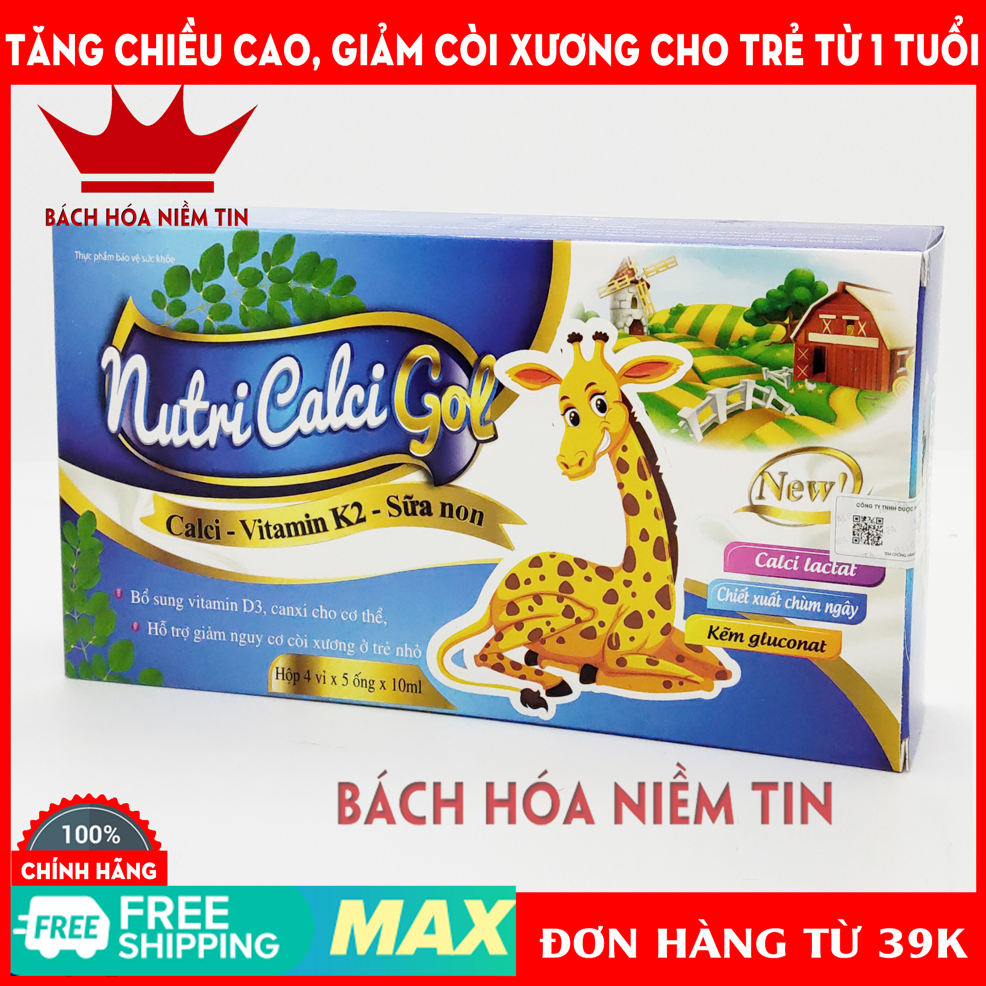 Siro bổ sung canxi cho bé NUTRI CALCI GOL - bổ sung canxi, vitamin D3, K2, sữa non giúp phát triển chiều cao, giảm còi xương ở trẻ từ 1 tuổi - Hộp 20 ống Hàng chính hãng