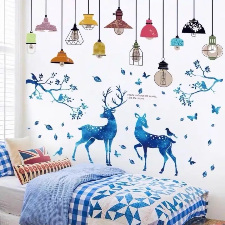 Decal dán tường chùm đèn hope và hươu xanh